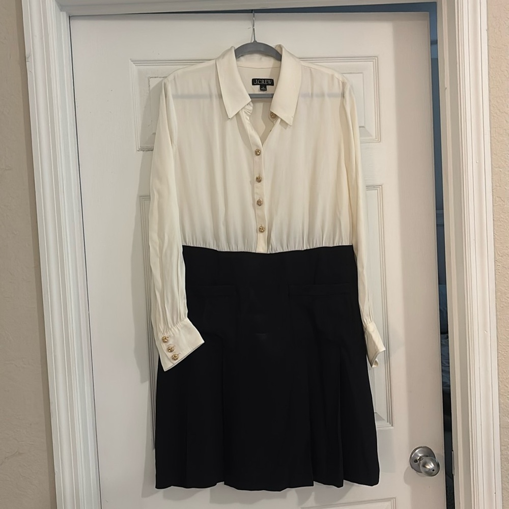 J. Crew Ivory And Black Button-Front Crepe Shirtdress with gold buttons